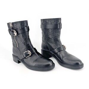 Gucci GG Guccissima Black Leather Moto Harness Ankle Boot Size 37.5 US 7.5 Women